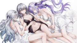 3girls absurdres alternate_costume arm_hug babydoll back bare_shoulders barefoot black_babydoll black_hairband black_panties breasts breasts_apart castorice_(honkai:_star_rail) chinese_commentary cleavage closed_eyes commentary_request criss-cross_halter dress feet firefly_(honkai:_star_rail) gradient_hair grey_hair hair_between_eyes hairband halter_dress halterneck highres honkai:_star_rail honkai_(series) large_breasts long_hair looking_at_viewer multicolored_hair multiple_girls panties pointy_ears purple_hair shoulder_blades sidelocks simple_background sleeping stelle_(honkai:_star_rail) swkl:d toes trailblazer_(honkai:_star_rail) underwear very_long_hair white_background white_dress yellow_eyes