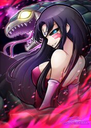 Rule 34 | 1girl, absurdres, bare shoulders, black dress, black sclera, blue eyes, breasts, character request, colored sclera, dress, duel monster, facial mark, fire, from behind, highres, krausarts, large breasts, looking at viewer, looking back, misty lola, parted lips, red dress, smirk, snake, strapless, strapless dress, upper body, yu-gi-oh!, yu-gi-oh! 5d&#039;s
