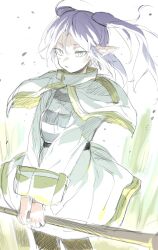 1girl black_pantyhose capelet commentary_request dress elf frieren green_eyes holding holding_staff long_hair long_sleeves looking_at_viewer pantyhose parted_bangs parted_lips pointy_ears shotan simple_background solo sousou_no_frieren staff twintails white_capelet white_dress white_hair