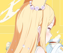 1girl animal_ears bird black_tea blonde_hair blue_archive cross_halo cup ear_wreath extra_ears fox_ears halo highres long-tailed_tit long_hair rindou_ringdong seia_(blue_archive) sleeve_bow sleeves_past_fingers sleeves_past_wrists steam tea teacup tit_(bird) white_bird yellow_eyes