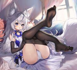 1girl ahoge animal_ear_fluff animal_ears artist_request bed black_gloves black_pantyhose blue_dress blue_eyes blush canopy_bed commission dress elbow_gloves eyebrows_hidden_by_hair flat_chest full_body gloves grey_hair hair_between_eyes hair_intakes highres lens_flare long_hair looking_ahead lying on_back on_bed open_mouth original panties pantyhose partially_visible_vulva pillow second-party_source soles solo tail toes two-tone_dress underwear undressing very_long_hair white_dress white_panties wolf_ears wolf_girl wolf_tail