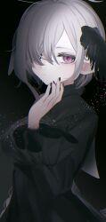 1girl ahoge black_dress black_nails closed_mouth dress fingernails grey_hair hair_over_one_eye hand_up head_wings highres kloah long_hair long_sleeves looking_at_viewer migihidari_(puwako) nail_polish one_eye_covered original purple_eyes rapute_(migihidari) solo very_long_hair wings
