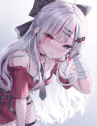 1girl :3 ahoge bandaged_arm bandages bare_shoulders belt bent_over black_choker bow bra_strap breasts choker closed_mouth collarbone cowboy_shot crop_top crop_top_overhang earpiece fishnet_pantyhose fishnets grey_eyes hair_bow hair_ornament hairclip half_updo hand_up heterochromia highres ishigami_nozomi leaning_forward long_hair looking_at_viewer midriff multicolored_hair necktie neit_ni_sei nijisanji off-shoulder_shirt off_shoulder pantyhose pink_eyes pleated_skirt red_shirt red_skirt shirt short_sleeves simple_background skirt small_breasts smile solo spaghetti_strap streaked_hair sweat very_long_hair virtual_youtuber white_background white_hair