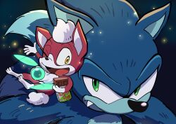 2boys animal_ears animal_nose candy chip_(sonic) chocolate chocolate_bar closed_mouth commentary_request fang fang_out food furry furry_male green_eyes highres holding holding_candy holding_food kanamikkana7 looking_at_another male_focus multiple_boys one_eye_closed open_mouth smile sonic_(series) sonic_the_hedgehog sonic_the_werehog sonic_unleashed tail werehog yellow_eyes