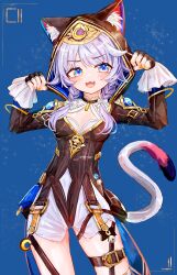 Rule 34 | 1girl, :3, absurdres, aiu ., animal ears, black gloves, black leotard, blue eyes, blush, braid, breasts, cat ears, cat girl, cat tail, cipher (honkai: star rail), cleavage, commentary, fang, fingerless gloves, gloves, highres, honkai: star rail, honkai (series), hood, hood up, leotard, looking at viewer, open mouth, purple hair, revision, shorts, skin fang, small breasts, solo, tail, thigh strap, twin braids, white shorts