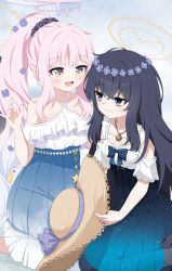 2girls :d alternate_costume alternate_hairstyle aqua_hair bags_under_eyes bare_shoulders black_hair blue_archive blue_background blue_bow blue_flower blue_skirt blunt_bangs blush bow brown_halo casual closed_mouth collarbone commentary criss-cross_halter crossed_bangs feet_out_of_frame flower flower_wreath frilled_shirt frills gradient_hair hair_between_eyes hair_flower hair_ornament hair_scrunchie halo halterneck hand_up hat head_wreath high-waist_skirt highres holding holding_unworn_clothes holding_unworn_hat jewelry kneeling long_hair looking_at_another mika_(blue_archive) multicolored_hair multiple_girls off-shoulder_shirt off_shoulder open_mouth pendant pink_hair pink_halo pleated_skirt ponytail purple_eyes scrunchie shirt shirt_bow short_sleeves sidelocks simple_background skirt smile split_mouth straw_hat ui_(blue_archive) umou_(may65879) unworn_hat unworn_headwear very_long_hair yellow_eyes