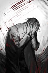 1boy black_coat black_hair blood blood_splatter blue_eyes coat covering_face hand_on_own_face highres leaning_forward looking_at_viewer male_focus one_eye_covered original short_hair slashing slouching solo spot_color upper_body wuruko