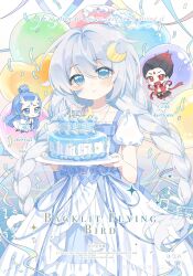 Rule 34 | 1girl, 2girls, absurdres, balloon, black hair, blue eyes, blush, braid, cake, closed mouth, collarbone, crescent, crescent hair ornament, double-parted bangs, dress, food, gradient hair, hair between eyes, hair ornament, heart balloon, highres, holding, holding plate, jewelry, long hair, looking at viewer, multicolored hair, multiple girls, necklace, open mouth, original, plate, red eyes, red hair, short sleeves, smile, twin braids, two-tone hair, watermark, white dress, yezhi