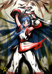 Rule 34 | 1girl, ainu clothes, armpits, arms up, artist name, black eyes, blue hair, breasts, fingerless gloves, gloves, hair ribbon, highres, legs, long hair, looking at viewer, mamahaha, nakoruru, pants, ribbon, samurai spirits, small breasts, smile, snk, the king of fighters, thighs, weapon