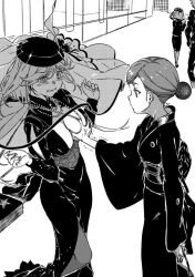 black_dress blush breasts cleavage dress funeral_dress funeral_kimono funeral_veil grabbing_another&#039;s_breast greyscale groping highres japanese_clothes kimono large_breasts long_hair low_ponytail monochrome multiple_necklaces novel_illustration official_alternate_costume official_alternate_hairstyle official_art pantyhose ponytail shokuhou_misaki star-shaped_pupils star_(symbol) symbol-shaped_pupils toaru_majutsu_no_index toaru_majutsu_no_index:_genesis_testament veil