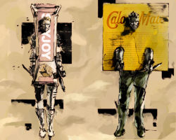 1boy 1girl caloriemate dual_wielding gun holding ikuyoan knife metal_gear_(series) metal_gear_solid_3:_snake_eater naked_snake official_style parody soyjoy style_parody the_boss weapon