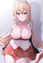 1girl absurdres antenna_hair bare_shoulders blonde_hair breasts character_request cleavage green_eyes hair_between_eyes highres large_breasts long_hair looking_at_viewer red_skirt simple_background skirt usa_otome