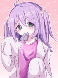 Rule 34 | 1girl, :3, ahoge, blush, bright pupils, closed mouth, coat, collarbone, double-parted bangs, green eyes, hair between eyes, hair ornament, hair scrunchie, halftone, halftone background, hands up, heart, highres, jelly fish 65, long hair, long sleeves, looking at viewer, mouth hold, nemuri-chan, okusuri nonde neyou (vocaloid), open clothes, open coat, outline, pill, pink background, pink shirt, purple hair, raised eyebrows, scrunchie, shirt, simple background, sleeves past fingers, sleeves past wrists, solo, striped clothes, striped scrunchie, upper body, vocaloid, white coat, white outline, white pupils, white scrunchie