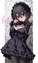 1girl absurdres black_dress black_hair black_pantyhose breasts dress frilled_dress frilled_hairband frills gothic_lolita hair_between_eyes hairband highres lolita_fashion lolita_hairband long_hair looking_at_viewer medium_breasts mionk42 original pantyhose red_eyes sleeves_past_wrists solo