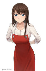 1girl apron arms_behind_back artist_name blue_eyes breasts brown_hair closed_mouth collarbone commentary_request commission from_above highres long_hair looking_at_viewer office_lady original pencil_skirt pixiv_commission red_apron red_skirt setu_kurokawa shirt skirt sleeves_rolled_up smile solo standing twitter_username watermark white_shirt
