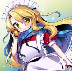Rule 34 | 1girl, apron, blonde hair, blue scarf, dress, frilled apron, frills, highres, holding, holding sword, holding weapon, kujou mikuru, long hair, looking at viewer, maid apron, maid headdress, mystic square, pantyhose, red dress, scarf, solo, sword, touhou, touhou (pc-98), weapon, white apron, white pantyhose, yellow eyes, yumeko (touhou)