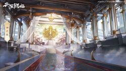 architecture bridge building chinese_commentary chinese_text copyright_logo copyright_name curtains day dutch_angle east_asian_architecture fog gate gold heaven highres huge_weapon indoors no_humans official_art palace scenery stairs sunlight sword tianguan_cifu translated tree watermark weapon weibo_watermark window