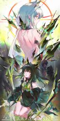 Rule 34 | 1other, 3girls, absurdres, ahoge, amiya (arknights), animal ear fluff, animal ears, arknights, bare back, bare shoulders, black hair, black jacket, bright pupils, closed mouth, colored inner hair, doctor (arknights), faceless, faceless female, green eyes, green hair, grey hair, hair between eyes, highres, hood, hood up, hooded jacket, huge ahoge, jacket, kal&#039;tsit (arknights), knees together feet apart, looking at viewer, material growth, medium hair, mon3tr (arknights), mon3tr (summon) (arknights), multicolored hair, multiple girls, off shoulder, open mouth, oripathy lesion (arknights), profile, shaokao lajitong, short hair, sleeves past fingers, sleeves past wrists, white pupils