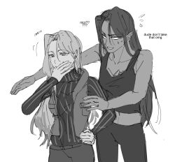 2girls alien_stage blank_eyes eating english_text flying_sweatdrops greyscale hand_on_own_hip highres hyuna_(alien_stage) long_hair midriff_peek mizi_(alien_stage) monochrome multiple_girls pants ribbed_shirt shirt sketch tank_top the_quipper very_long_hair vest