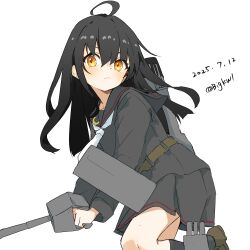 1girl absurdres adapted_turret ahoge bigkwl black_hair black_serafuku blush crescent crescent_pin highres kantai_collection long_hair long_sleeves looking_at_viewer machinery mikazuki_(kancolle) neckerchief pleated_skirt rigging sailor_collar school_uniform serafuku shield skirt smile solo torpedo_tubes twitter_username yellow_eyes