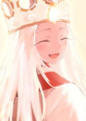 1girl absurdres blush closed_eyes commentary crown dress dress_of_heaven english_commentary fate/stay_night fate_(series) heaven&#039;s_feel highres illyasviel_von_einzbern illyasviel_von_einzbern_(dress_of_heaven) long_hair looking_back open_mouth ramune_otubu smile solo white_dress white_hair