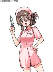 1girl :o absurdres blush breasts brown_hair folded_ponytail hand_on_own_chest hat hata_kenjirou hayate_no_gotoku! highres holding holding_syringe maria_(hayate_no_gotoku!) medium_breasts nurse nurse_cap official_art red_eyes simple_background solo syringe thighs white_background