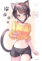 1girl ahoge alternate_costume animal_ear_fluff animal_ears bell black_collar black_shorts blue_eyes blush brown_hair cat_ears cat_tail collar highres hololive jingle_bell looking_at_viewer navel neck_bell nishiki_yuno oozora_subaru paw_print paw_print_background shirt shorts spoken_blush tail tied_shirt virtual_youtuber yellow_shirt