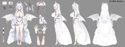 1girl absurdres back bare_shoulders barefoot blush breasts check_copyright cleavage_cutout closed_eyes clothing_cutout copyright_notice copyright_request dragon_girl dragon_horns dragon_tail dress from_behind gloves highres horn_ornament horns light_smile long_hair mole mole_on_breast mole_under_eye partially_fingerless_gloves pink_eyes reference_sheet simple_background sleeveless smile standing tail thigh_strap thighs virtual_youtuber white_dress white_gloves white_hair wings yeije