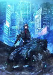 1girl black_hair black_jacket black_sailor_collar black_serafuku black_shirt black_skirt black_socks building closed_mouth commentary_request goggles goggles_on_head gun hair_between_eyes holding holding_gun holding_weapon jacket kneehighs light_machine_gun m249_saw machine_gun mecha neckerchief neon_lights non-humanoid_robot open_clothes open_jacket original pleated_skirt red_eyes red_neckerchief robot sailor_collar school_uniform scope serafuku shirt skirt skyscraper socks solo sonidoriy standing walker_(robot) weapon weapon_request