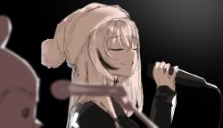 Rule 34 | 1girl, black background, black shirt, blurry, closed eyes, crossed bangs, depth of field, fur-trimmed headwear, fur trim, greyscale, grin, hat, highres, holding, holding microphone, hololive, hololive english, hooman (nanashi mumei), long hair, long sleeves, microphone, monochrome, multicolored hair, music, nanashi mumei, open mouth, pom pom (clothes), redi (rasec asdjh), santa hat, shirt, singing, sketch, smile, streaked hair, virtual youtuber