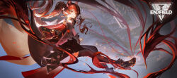 1girl absurdres angelina_(arknights) animal_ears ankle_boots arknights arknights:_endfield black_boots black_pantyhose boots brown_gloves brown_hair chinese_commentary commentary commentary_request embers endfield_industries_logo english_commentary flying_burrito_cat flying_sweatdrops gilberta_(arknights) gloves hair_between_eyes highres infection_monitor_(arknights) light_smile long_hair long_sleeves looking_at_viewer mixed-language_commentary orange_eyes pantyhose parted_lips solo turning_head