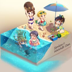 5girls arms_up ball bare_shoulders barefoot beach beach_umbrella beachball bikini blonde_hair blue_bikini blue_eyes blunt_bangs blunt_ends blush braid breasts brown_hair chibi cleavage commentary cooler crab cross-section diving food fruit fukuda_noriko full_body hair_between_eyes highres idolmaster idolmaster_million_live! idolmaster_million_live!_theater_days innertube isometric kamille_(vcx68) kousaka_umi long_hair medium_breasts midriff multiple_girls navel open_mouth ponytail purple_eyes red_bikini red_eyes sand satake_minako senkou_hanabi_dan_(idolmaster) short_hair sleeveless standing star_(symbol) starfish stomach submerged swim_ring swimming swimsuit takayama_sayoko teeth turtle twin_braids twintails umbrella walking water watermelon yokoyama_nao