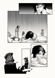 baby bed black_robe clinic cloak death death_(entity) doctor grim_reaper hand_grab hetero hospital hospital_bed hospital_gown indoors infirmary monochrome mother_and_child mourning nurse original robe skeleton skull snippy_mj surprised tears wide-eyed