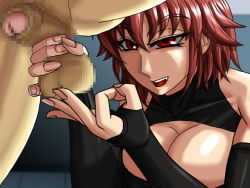 Rule 34 | 00s, 1boy, 1girl, ass, ball busting, bdsm, behind another, breasts, cbt, censored, center opening, cleavage, cleavage cutout, clothed female nude male, clothing cutout, commentary request, elbow gloves, evil smile, femdom, fingerless gloves, flick, gloves, indoors, kegare, large breasts, looking at penis, mosaic censoring, nail (hardware), nude, open mouth, penis, red hair, shiny skin, smile, squeezing testicles, teeth, testicle grab, testicles, tsurime, weak male