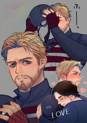 2boys ? animification beard black_bodysuit blonde_hair blue_eyes blue_shirt blush bodysuit brown_hair closed_eyes closed_mouth commentary_request english_text facial_hair fingerless_gloves fingernails gloves grey_background hands_up heart helmet highres holding holding_helmet hug john_walker_(marvel) long_sleeves looking_at_another male_focus marvel marvel_cinematic_universe multiple_boys multiple_views red_gloves sentry_(marvel) sherlock7akane shirt short_hair simple_background smile star_(symbol) striped_bodysuit superhero_costume sweat teeth thunderbolts_(movie) upper_body yaoi