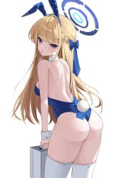 1girl absurdres animal_ears ass back backless_leotard bare_back bare_shoulders blonde_hair blue_archive blue_eyes blue_halo blue_leotard bow braid breasts cowboy_shot fake_animal_ears fake_tail from_behind frown hair_bow hairband halo hashtag-only_commentary highleg highleg_leotard highres leotard long_hair looking_at_viewer looking_back median_furrow mo_ca_coffee official_alternate_costume parted_lips playboy_bunny rabbit_ears rabbit_tail small_breasts solo strapless strapless_leotard tail thighhighs thighs toki_(blue_archive) toki_(bunny)_(blue_archive) v-shaped_eyebrows white_thighhighs wrist_cuffs