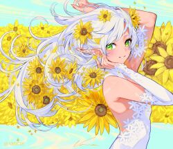 1girl arm_up armpit_crease backless_dress backless_outfit blush detached_sleeves dress floating_hair flower green_eyes hair_flower hair_ornament hand_up highres long_hair long_pointy_ears looking_at_viewer nemoto_yuuma original pointy_ears sample_watermark smile solo twitter_username upper_body watermark white_dress white_hair white_sleeves yellow_flower