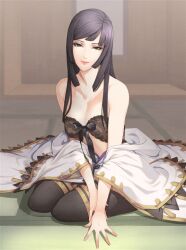 Rule 34 | aya gozen, bare shoulders, black bra, black hair, black pantyhose, blunt bangs, boots, bra, breasts, cleavage, coat, collarbone, eyeshadow, gold trim, kneeling, lace, lace-trimmed bra, lace trim, lingerie, lips, lipstick, long sleeves, looking at viewer, makeup, off shoulder, pantyhose, parted bangs, ribbon trim, sengoku musou, sitting, smile, superakaneman, swept bangs, tassel, tatami, thigh boots, underwear, undressing