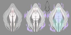 1girl 2021 absurdly_long_hair absurdres arms_at_sides ass aura back backboob bare_shoulders black_nails blunt_bangs breasts cape choker cleavage collarbone commentary comparison concept_art curly_hair dress female_focus floating floating_hair frilled_cuffs from_behind frown full_body garter_belt garter_straps ghost_girl grey_background groin head_tilt highleg highleg_leotard highres huge_ass kkaebing large_breasts leotard lingerie long_hair looking_at_viewer no_nose no_pupils numericgazer official_art pale_skin rev_(under_the_witch) revealing_clothes shoulder_blades simple_background skindentation solo stirrup_legwear straight-on thick_thighs thighhighs thighs toeless_legwear torn_clothes under_the_witch underwear very_long_hair white_choker white_dress white_hair white_leotard white_thighhighs wide_hips