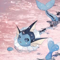 artist_name blue_eyes brionne commentary falling_petals fangs fins fish_tail from_above gen_1_pokemon gen_7_pokemon head_fins hideko_(l33l3b) highres looking_up nintendo no_humans open_mouth petal_on_head petals petals_on_liquid pink_petals pokemon pokemon_(creature) smile solo_focus swimming tail vaporeon water watermark