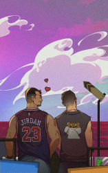 Rule 34 | 2boys, basketball jersey, brown hair, chenxiaocheng923, chinese commentary, cloud, commentary, cosplay, dog, facial hair, heart, highres, jersey, jewelry, light smile, looking at another, looking away, male focus, michael jordan, michael jordan (cosplay), multiple boys, mustache, nba logo, necklace, original, sign, sticky note, wristband
