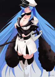 1girl absurdres akame_ga_kill! black_choker blue_eyes blue_hair boots breasts chest_tattoo choker cleavage crossed_arms esdeath hair_between_eyes hair_over_one_eye hat highres jacket lapels large_breasts long_hair long_sleeves looking_at_viewer military_uniform nanalili notched_lapels parted_lips peaked_cap solo tattoo thigh_boots very_long_hair white_jacket