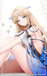 Rule 34 | 1girl, absurdres, bare legs, black dress, blue eyes, breasts, cartethyia (wuthering waves), closed mouth, commentary, crown of thorns, dress, earrings, from side, highres, jewelry, knee up, legs, looking at viewer, medium breasts, parted bangs, pointy ears, sideboob, sidelocks, sinonomemikann, sitting, smile, solo, tabard, tacet mark (wuthering waves), thighs, white tabard, wuthering waves