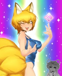 1up 2girls ;d alternate_costume animal_ears blonde_hair blush breasts female_focus fox_ears fox_tail hat heaven_condition highres large_breasts looking_at_viewer multiple_girls one-piece_swimsuit one_eye_closed open_mouth sharp_teeth slit_pupils smile spacezin swimsuit tail teeth touhou wink yakumo_ran yakumo_yukari yellow_eyes