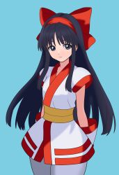 1girl absurdres ainu_clothes arms_behind_back artist_name black_hair bojack198 breasts grey_eyes hair_ribbon highres legs long_hair looking_at_viewer nakoruru pants ribbon samurai_spirits small_breasts smile snk solo the_king_of_fighters thighs very_long_hair