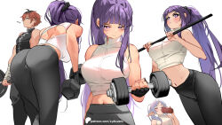 1boy 2girls alternate_costume ass ass_focus breasts contemporary crop_top dumbbell exercising fern_(sousou_no_frieren) frieren horizontal_bar large_breasts long_hair multiple_girls navel pants pullups purple_hair sleeveless sousou_no_frieren stark_(sousou_no_frieren) straight_hair sweat sydus training weightlifting weights workout_clothes yoga_pants