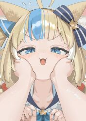 Rule 34 | 1girl, ahoge, animal ear fluff, animal ears, blonde hair, blue background, blue hair, cat ears, cat girl, collarbone, grabbing another&#039;s face, head grab, highres, indie virtual youtuber, koyo2023, long hair, looking at viewer, multicolored hair, pov, sameko saba, simple background, solo focus, streaked hair, virtual youtuber