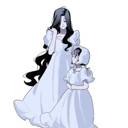 2girls aged_down alien_stage black_hair bonnet child choker closed_eyes commentary_request dress frilled_bonnet frilled_sleeves frills highres kyon_(zmwh8222) long_hair multiple_girls puffy_short_sleeves puffy_sleeves purple_eyes short_hair short_sleeves siblings simple_background sisters sua&#039;s_sister_(alien_stage) sua_(alien_stage) very_long_hair wavy_hair white_background white_choker white_dress