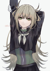 1girl arm_up arms_behind_head black_serafuku black_skirt brown_hair closed_mouth green_eyes highres hisui_kanon inami_koa light_frown long_hair long_sleeves looking_at_viewer neckerchief school_uniform sentai_daishikkaku serafuku simple_background skirt solo stretching twitter_username upper_body very_long_hair white_background white_neckerchief