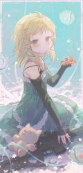 Rule 34 | 1girl, artist name, bare shoulders, black bullet, blonde hair, blue eyes, blush, chromatic aberration, closed mouth, dress, falling petals, food, frilled dress, frills, full body, gun, hair ornament, hand up, highres, holding, holding food, holding pizza, light smile, long sleeves, looking at viewer, petals, pizza, pizza slice, solo, stuffed animal, stuffed toy, tina sprout, twintails, umehara sei, watermark, weapon